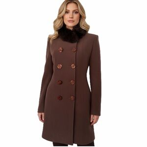 SALE🔥PAUCINNI‎ WOMEN WINTER COAT DOUBLE-BREASTED REAL RACCOON FUR COLLAR JACKET